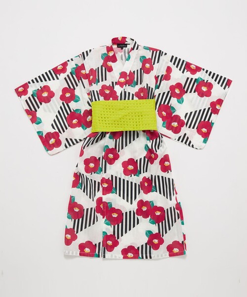 green label relaxing（グリーンレーベルリラクシング）の「GLR 浴衣 ストライプ×ツバキ（浴衣・キッズ・オフホワイト/ネイビー・S/M/L）」の5枚目の写真