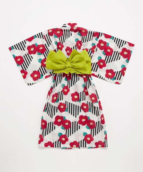 green label relaxing（グリーンレーベルリラクシング）の「GLR 浴衣 ストライプ×ツバキ（浴衣・キッズ・オフホワイト/ネイビー・S/M/L）」の4枚目の写真