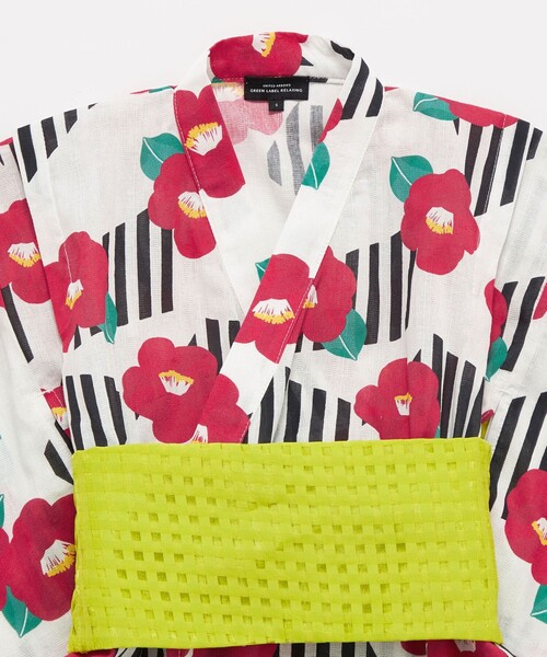 green label relaxing（グリーンレーベルリラクシング）の「GLR 浴衣 ストライプ×ツバキ（浴衣・キッズ・オフホワイト/ネイビー・S/M/L）」の3枚目の写真