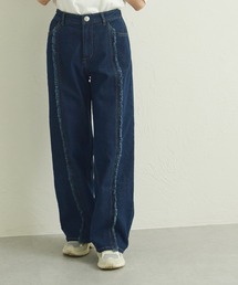 【リンクコーデ】【ママサイズ】センターライン フリンジデニムパンツ
