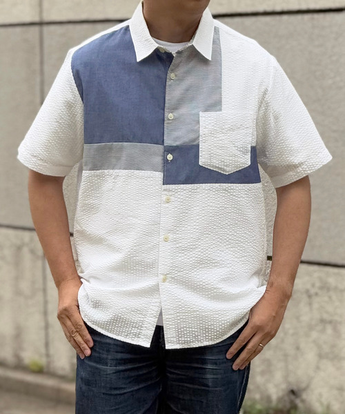 ikka(イッカ)の「サッカーブロックス切り替えシャツ(シャツ/ブラウス・メンズ・グリーン/ネイビー/ホワイト・S/XL/L/M)」の1枚目の写真