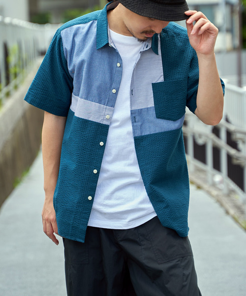 ikka(イッカ)の「サッカーブロックス切り替えシャツ(シャツ/ブラウス・メンズ・グリーン/ネイビー/ホワイト・S/XL/L/M)」の2枚目の写真