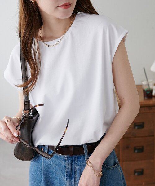 美品MORABITO BlancフレンチスリーブサイドギャザーカットソーTシャツ B.C STOCK｜手洗い可 / アソートフレンチスリーブロゴTEE