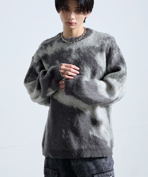 最終値下げSTONE  グレー ニットセーター S SERACE】Loose silhouette abstract shaggy knit / ルーズシルエット