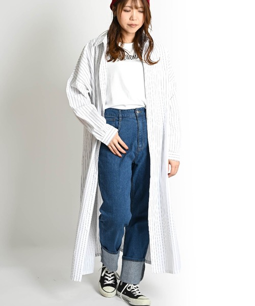 ストライプ柄 長袖 ロングシャツワンピース（シャツワンピース）｜ABBEY MARKET（アビーマーケット）