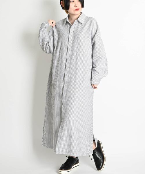 ストライプ柄 長袖 ロングシャツワンピース（シャツワンピース）｜ABBEY MARKET（アビーマーケット）