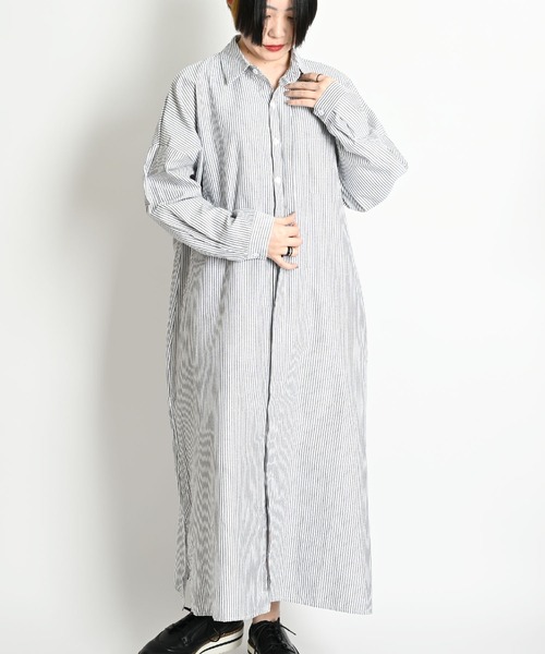 ストライプ柄 長袖 ロングシャツワンピース（シャツワンピース）｜ABBEY MARKET（アビーマーケット）