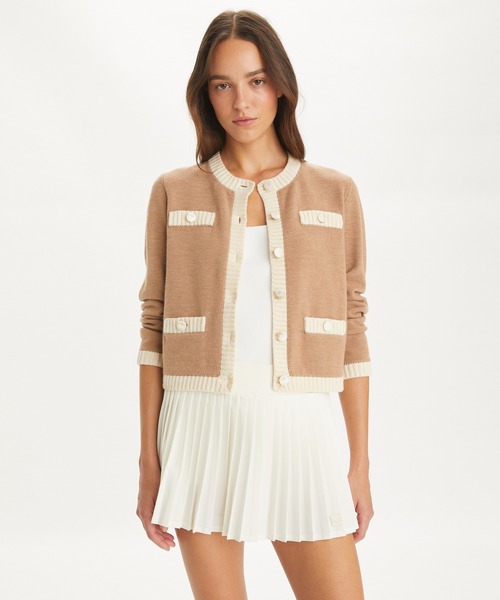 TORY BURCH（トリーバーチ）の「ケンドラ チャンキーウール トリムカーディガン（カーディガン/ボレロ・レディース・キャメル/ブラック・XXS/XS/S/M/L/XL）」の5枚目の写真