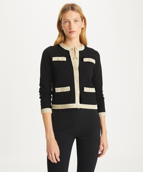 TORY BURCH（トリーバーチ）の「ケンドラ チャンキーウール トリムカーディガン（カーディガン/ボレロ・レディース・キャメル/ブラック・XXS/XS/S/M/L/XL）」の6枚目の写真