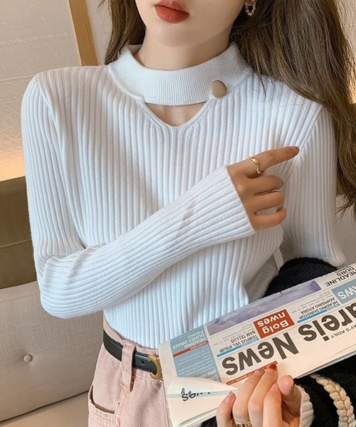 Lace Ladies(レースレディース)の「ボタン付き カットアウト リブ ニット プルオーバー(ニット/セーター・レディース・ホワイト/ブラック/アイボリー/ブラウン・FREE)」の1枚目の写真