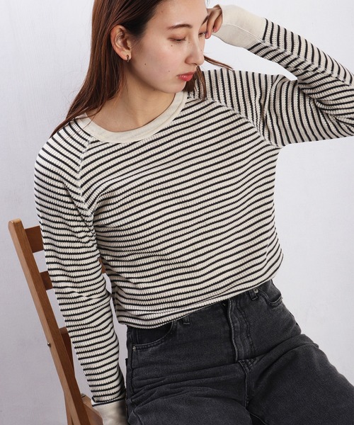 JEMORGAN(ジェーイーモーガン)の「JEMORGAN / ジェーイーモーガン ワッフル ラグラン ボーダークルーロンT(Tシャツ/カットソー・レディース・ネイビー/ホワイト/グレー/ナチュラル・FREE)」の3枚目の写真