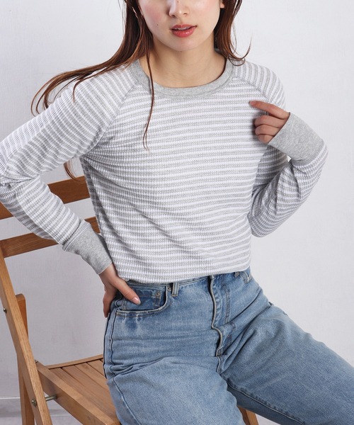JEMORGAN(ジェーイーモーガン)の「JEMORGAN / ジェーイーモーガン ワッフル ラグラン ボーダークルーロンT(Tシャツ/カットソー・レディース・ネイビー/ホワイト/グレー/ナチュラル・FREE)」の2枚目の写真