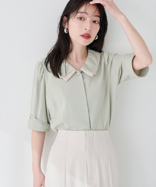 natural couture（ナチュラルクチュール）の「【WEB限定】osono配色重ね衿三角カフスブラウス（シャツ/ブラウス・レディース・サックスブルー/オフホワイト/ミント/ピンク/ネイビー/ドット・FREE）」の3枚目の写真