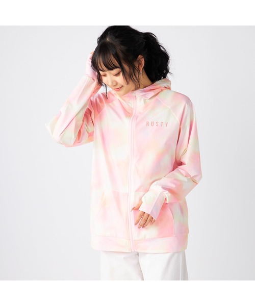 RUSTY（ラスティ）の「RUSTY ラスティ ブランド ロゴ タイダイ ニコちゃん UVカット フルジップ 長袖 パーカー ラッシュガード（パーカー・レディース・ピンク/グリーン/パープル/ネイビー/ピンク系その他・M/L/LL）」の4枚目の写真