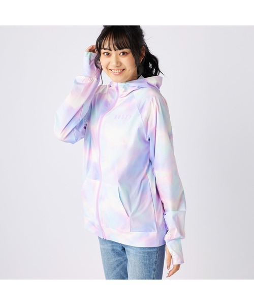 RUSTY（ラスティ）の「RUSTY ラスティ ブランド ロゴ タイダイ ニコちゃん UVカット フルジップ 長袖 パーカー ラッシュガード（パーカー・レディース・ピンク/グリーン/パープル/ネイビー/ピンク系その他・M/L/LL）」の10枚目の写真