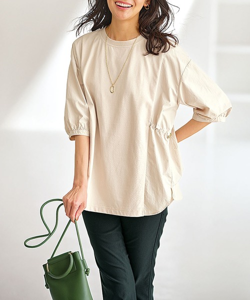 BELLUNA PLUS(ベルーナ)の「異素材切替ドロスト使いプルオーバー(Tシャツ/カットソー・レディース・グレー系その他/ターコイズブルー/ネイビー/コーラル・MEDIUM/LARGE/X-LARGE)」の2枚目の写真