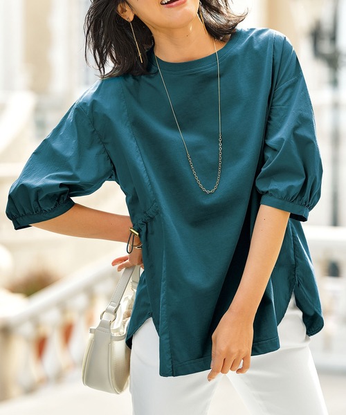 BELLUNA PLUS(ベルーナ)の「異素材切替ドロスト使いプルオーバー(Tシャツ/カットソー・レディース・グレー系その他/ターコイズブルー/ネイビー/コーラル・MEDIUM/LARGE/X-LARGE)」の3枚目の写真