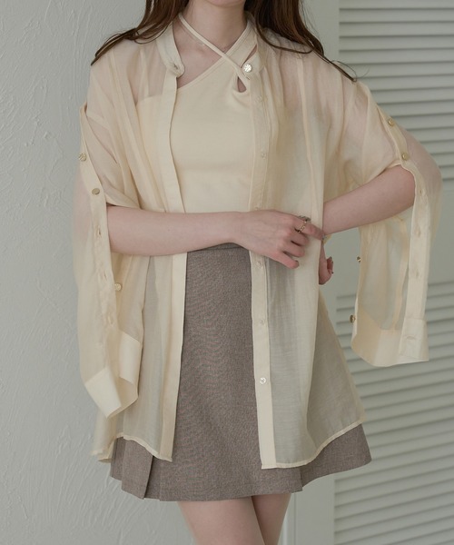 Ambre Neige(アンブルネージュ)の「sleeve slit sheer button shirt / 袖スリットシアーボタンシャツ(シャツ/ブラウス・レディース・アイボリー/ピンクベージュ/ブルー系その他/ライトグリーン・FREE)」の1枚目の写真