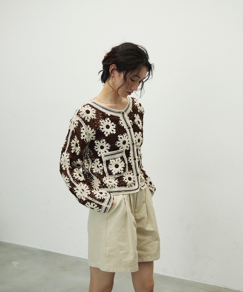 カーディガン 「25AW PRE-ORDER」Crochet Motif Zip Knit Cardigan/クロシェモチーフジップニットカーデ「MA セール】Crochet Knit Cardigan / クロシェニットカーディガン
