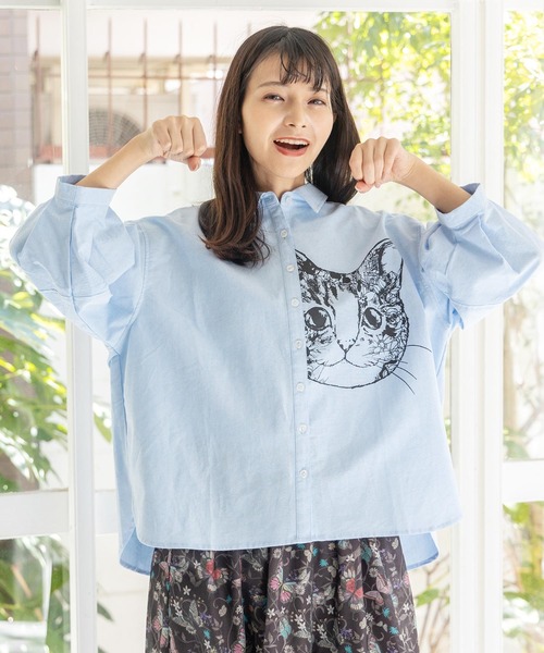 33 スカラー ScoLar 総柄 ねこ 猫 ネコ ブラウス シャツ トップス セール】151669：ネコ柄コットンシャツ（シャツ/ブラウス