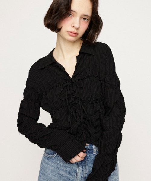 ブラウス シャツ SHIRRING SKIPPER RIBBON SH シャーリング スキッパー リボン シャツ 春服 レディース SHIRRING SKIPPER RIBBON SH シャーリング スキッパー リボン