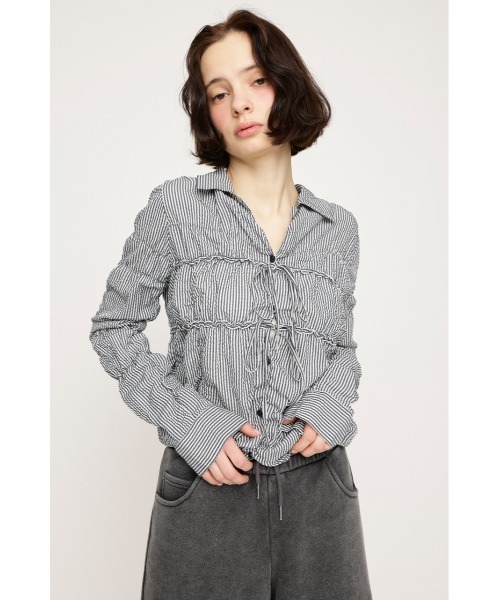 SLY（スライ）の「SHIRRING SKIPPER RIBBON SH シャーリング スキッパー リボン シャツ 春服（シャツ/ブラウス・レディース・マルチ/オフホワイト/ライトブルー/ブラック・FREE）」の7枚目の写真