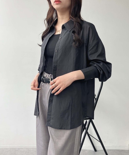 AS KNOW AS plus（アズノゥアズプラス）の「●サイドシャーリングリボン結び ビッグサイズシアーシャツ（シャツ/ブラウス・レディース・オフホワイト/ライトグリーン/スミクロ・FREE）」の9枚目の写真