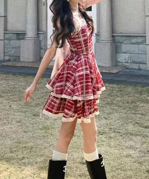 SPIGA（スピーガ）の「格子柄レーストリミングフレアミニOP（ワンピース・レディース・レッド・SMALL/MEDIUM/LARGE/X-LARGE）」の5枚目の写真