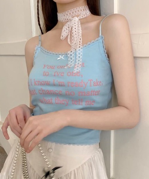 Mejoul（メジュール）の「【カップイン】チビリボンレース ロゴプリントキャミソール ビスチェ（キャミソール・レディース・ブラック/ホワイト/ピンク/ブルー・F）」の3枚目の写真