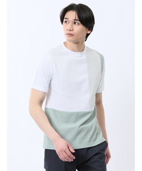 TAKA-Q(タカキュー)の「【吸水速乾 ストレッチ】タカキュー 異素材切替 クルーネック 半袖 Tシャツ(Tシャツ/カットソー・メンズ・ホワイト/ブルー・MEDIUM/LARGE/X-LARGE)」の1枚目の写真