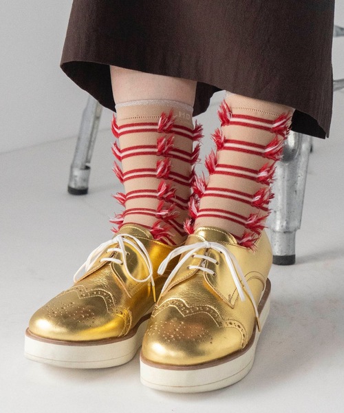 mintdesigns（ミントデザインズ）の「RIBBON JACQUARD SOCKS（ソックス/靴下・レディース・ミント/ネイビー/オレンジ/レッド・M）」の3枚目の写真