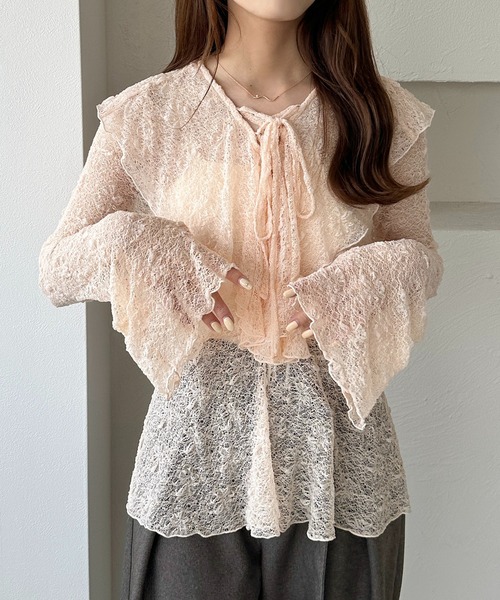 apres jour clair（アプレジュールクレア）の「【apres jour clair】レースアップフリルトップス（Tシャツ/カットソー・レディース・アイボリー/ピンクベージュ/ブラック・フリー/X-LARGE）」の2枚目の写真