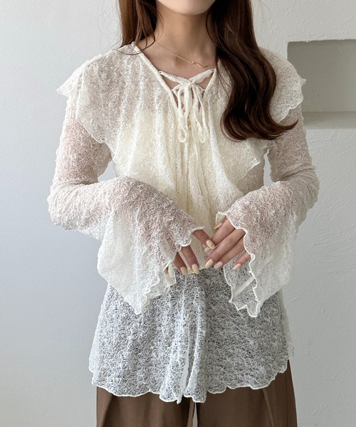 apres jour clair（アプレジュールクレア）の「【apres jour clair】レースアップフリルトップス（Tシャツ/カットソー・レディース・アイボリー/ピンクベージュ/ブラック・フリー/X-LARGE）」の4枚目の写真