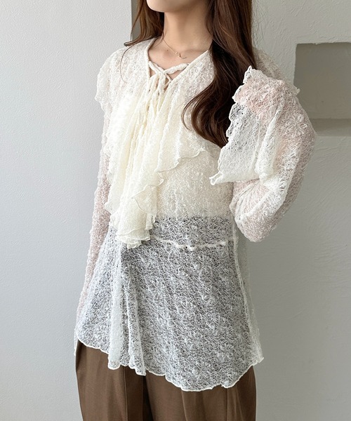 apres jour clair（アプレジュールクレア）の「【apres jour clair】レースアップフリルトップス（Tシャツ/カットソー・レディース・アイボリー/ピンクベージュ/ブラック・フリー/X-LARGE）」の5枚目の写真