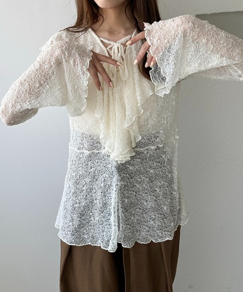 apres jour clair（アプレジュールクレア）の「【apres jour clair】レースアップフリルトップス（Tシャツ/カットソー・レディース・アイボリー/ピンクベージュ/ブラック・フリー/X-LARGE）」の6枚目の写真