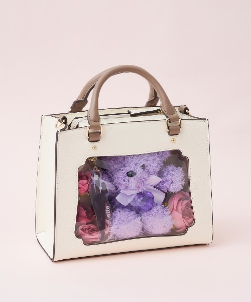 & chouette(アンドシュエット)の「≪推し事バッグ≫クリアポケット付きビジューぬいぐるみバッグ(ハンドバッグ・レディース・ブラック/ピンク/オフホワイト/ダルブルー系/ラベンダー・FREE)」の1枚目の写真