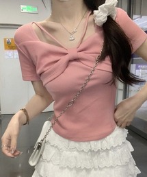 日本未入荷 CHUU★シャーリングリボンピンククロップドトップス XSサイズあり【an /アン】ツイード/ フロントジップ/ リボン