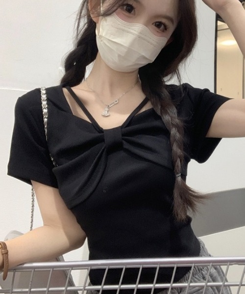 胸元リボンデザイン 半袖 トップス 韓国♡超セクシー 胸元リボンデザインレディース服 ニット 長袖