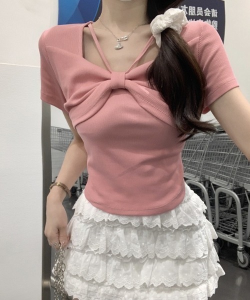 セール】フロントツイストクロスTシャツ/リボンデザイン半袖T