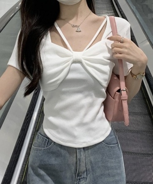 フロントツイストクロスTシャツ/リボンデザイン半袖Tシャツ（T