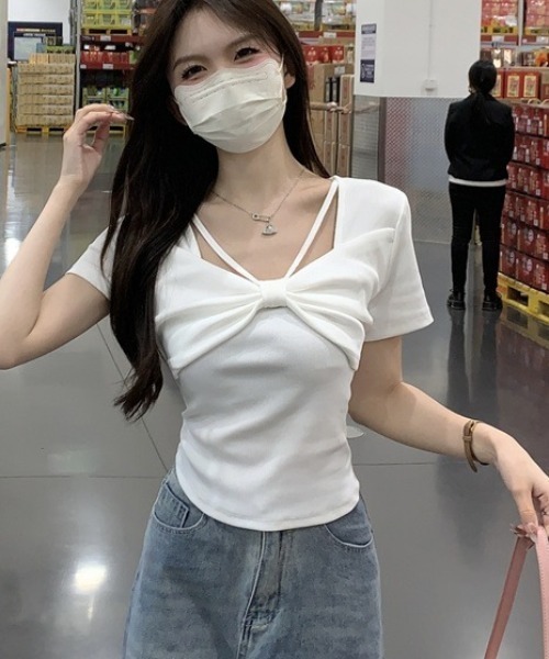 セール】フロントツイストクロスTシャツ/リボンデザイン半袖T