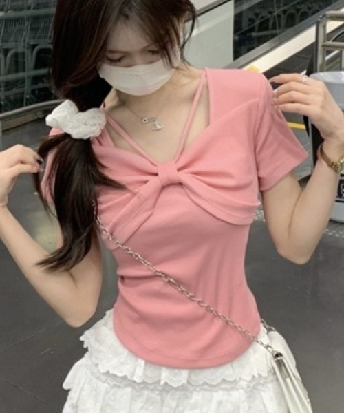 リボン付きホワイト半袖Tシャツ 再値下げ】フリルリボンTシャツ(SS(130-140) オフホワイト(003