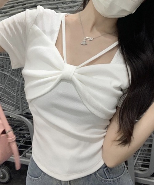 セール】フロントツイストクロスTシャツ/リボンデザイン半袖T