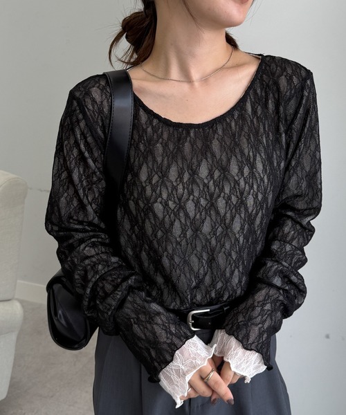 RANAN（ラナン）の「リバーシブルシアーレースT（Tシャツ/カットソー・レディース・チャコールグレー×ブラック/ホワイト系その他/ブラック×ホワイト・M/L/LL）」の7枚目の写真