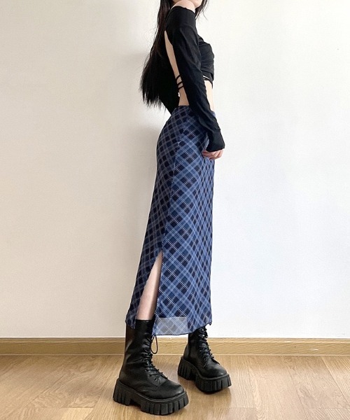 セール】バイアスチェック柄サイドスリット入りロングスカート