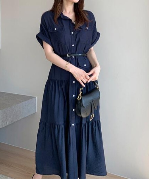 FAVORITO(ファヴォリート)の「ベルト付き半袖ロングワンピース(ワンピース・レディース・ダークブルー・F)」の5枚目の写真