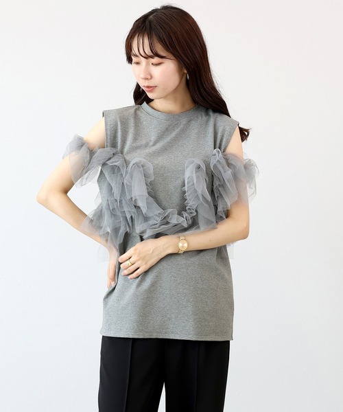 Aletta vita(アレッタビータ)の「T/C天竺xチュールドッキングプルオーバー(Tシャツ/カットソー・レディース・杢グレー/ブラック・FREE)」の5枚目の写真