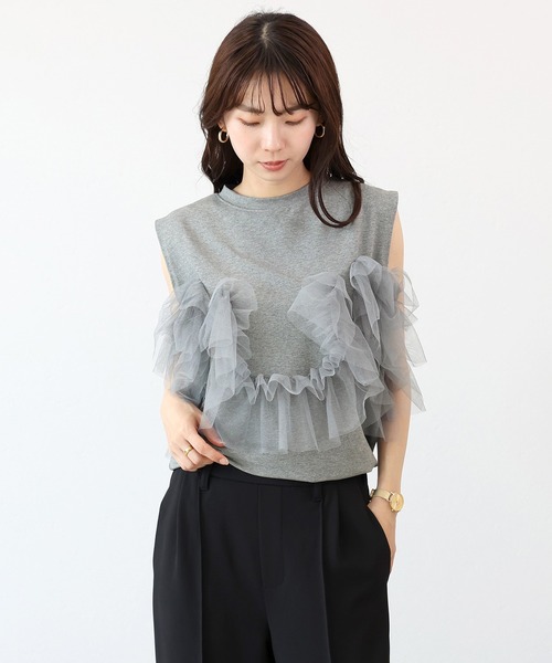 Aletta vita(アレッタビータ)の「T/C天竺xチュールドッキングプルオーバー(Tシャツ/カットソー・レディース・杢グレー/ブラック・FREE)」の3枚目の写真