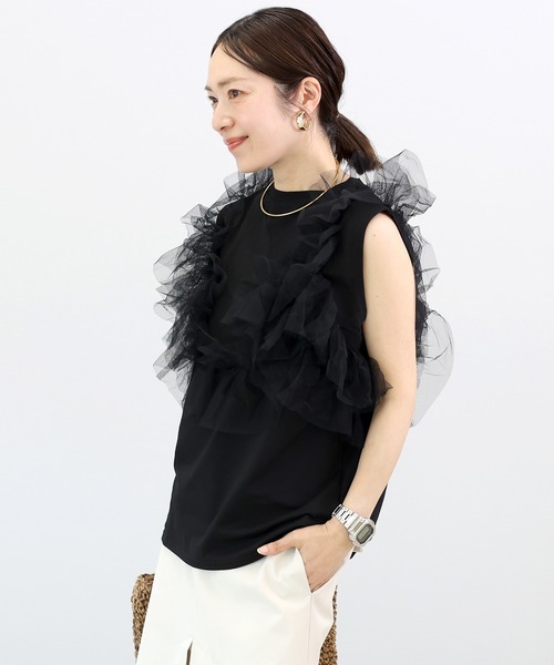 Aletta vita(アレッタビータ)の「T/C天竺xチュールドッキングプルオーバー(Tシャツ/カットソー・レディース・杢グレー/ブラック・FREE)」の15枚目の写真