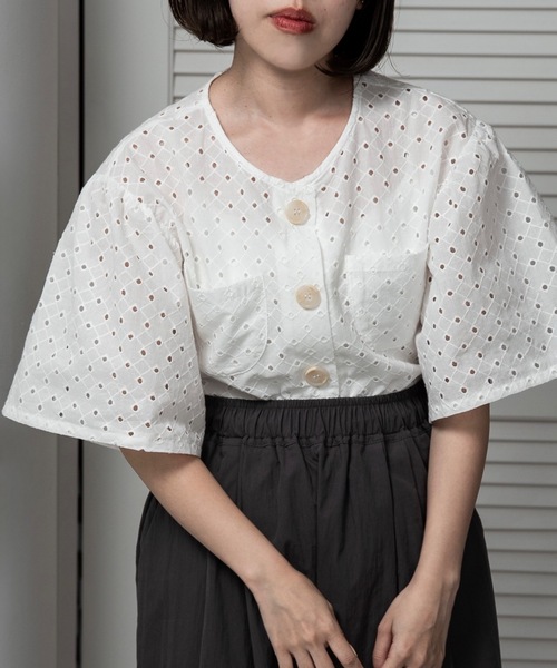 embroidery puff sleeve jacket like tops / エンブロイダリー